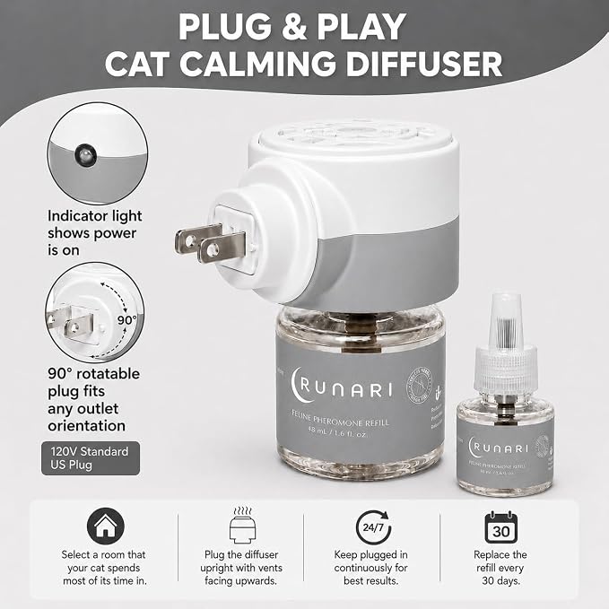 Feline Pheromone Calming Diffuser | Plug in for Cat Stress, Anxiety, Fighting, Scratching, Over Grooming, Meowing | Ideal for Multi Cat Homes | 1 Diffuser + 3 Refills