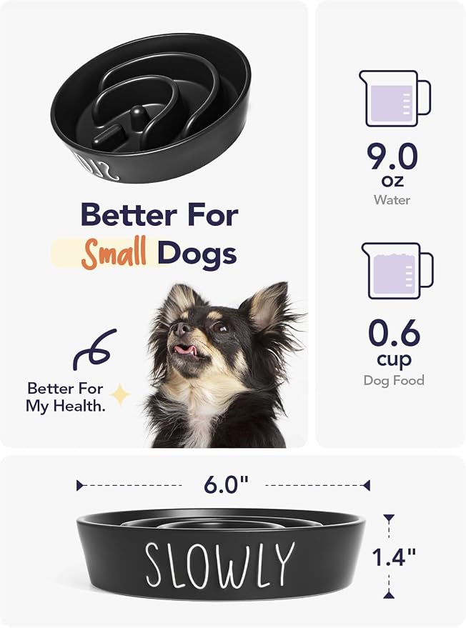 LE TAUCI PET Ceramic Slow Feeder Dog Bowls Small Breed, 0.6 Cups Dog Food Dish for Fast Eaters, Puzzle Bowl for Small Dogs and Cats,Black