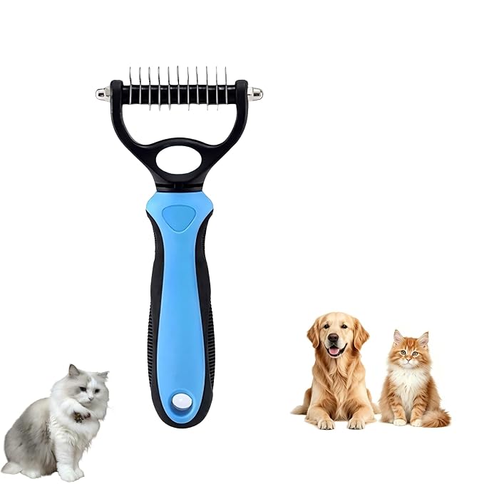 Dematting Comb for Dogs and Cats, 2026 New Undercoat Rake Pet Brush for Long Hair, 2-in-1 Dual-Sided Deshedding Dog Brush Removes Tangles Knots and Loose Fur, Grooming Tool for Thick Coats (Blue M)
