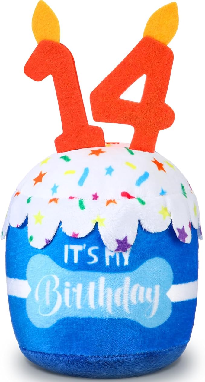 Dansydaisy Dog Birthday Cake Toy Squeaky Plush Toy for Girl Boy Gifts, Chew Accessories for Dog Birthday Party Decor Favor for Large, Medium and Small Dogs(14th,Blue)