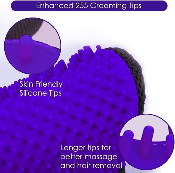 Pet Hair Removal Glove with 255 Silicone Tips for Dogs & Cats, Right Purple | 2-in-1 Deshedding & Massage Mitt, 5-Finger Flexible Design, for Bathing & Grooming, Safe for Long/Short/Curly Hair Pets