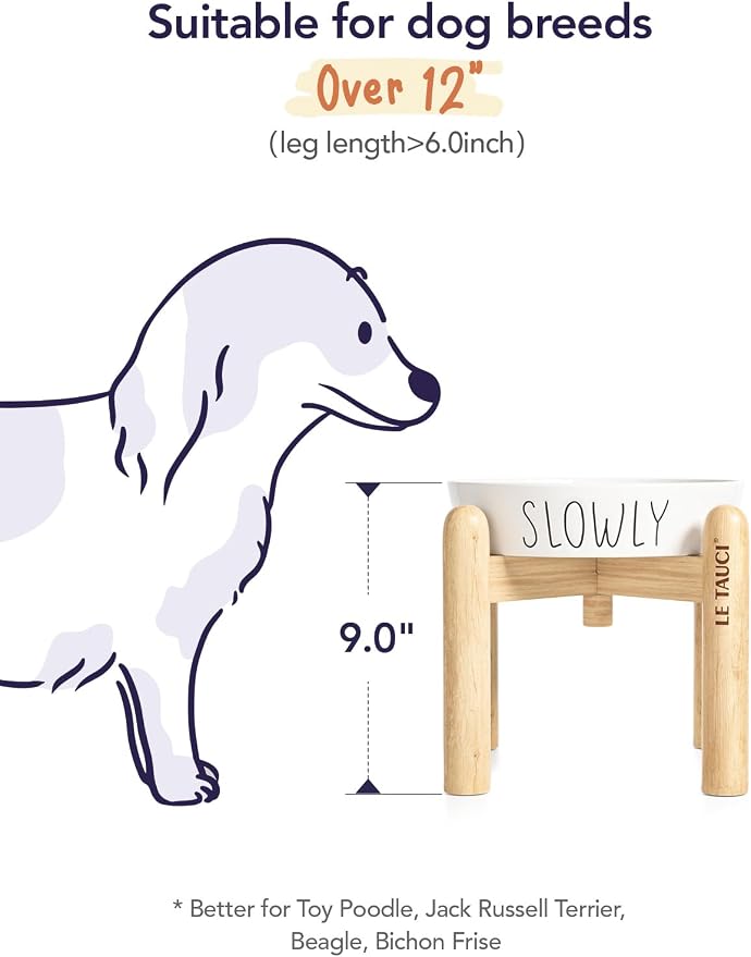 LE TAUCI PET Ceramic Slow Feeder Dog Bowls Elevated, 3 Cups Raised Dog Bowl with Wooden Stand for Medium Large Breed to Slow Down Eating, Puzzle Food Bowl,White