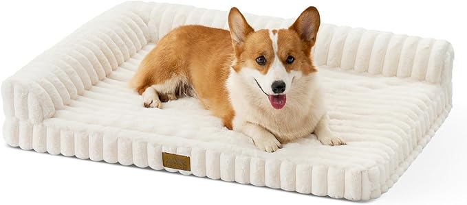 COZY KISS Faux Rabbit Fur Medium Dog Bed – 36"x27" Orthopedic Foam Couch with Sides, Removable Washable Cover & Waterproof Lining, Cream