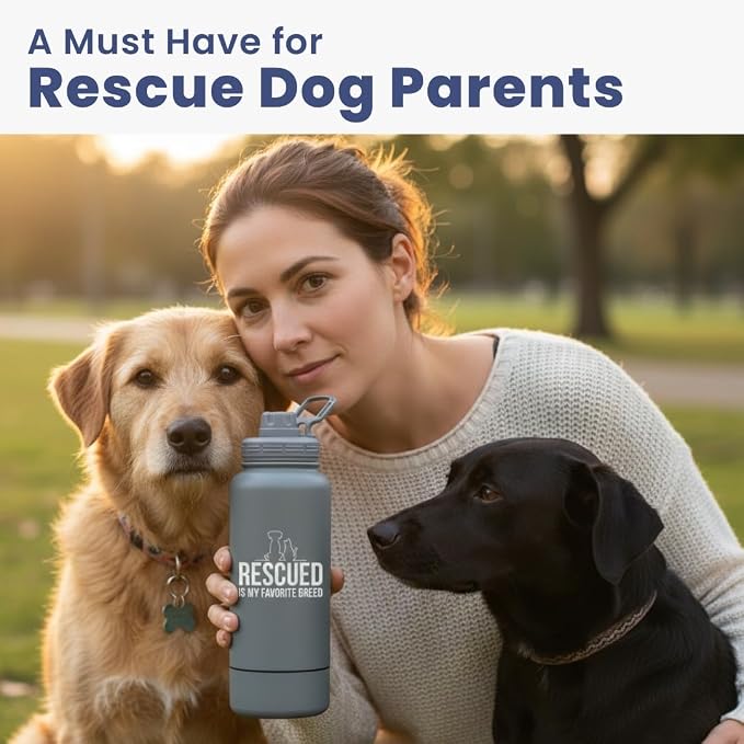 Rescue Dog Lover Water Bottle – 32 oz Stainless Steel Double Wall Insulated with 8 oz Detachable Bowl – Animal Rescue Gifts for Dog or Cat Lovers – “Rescued is My Favorite Breed” – Smoky Grey