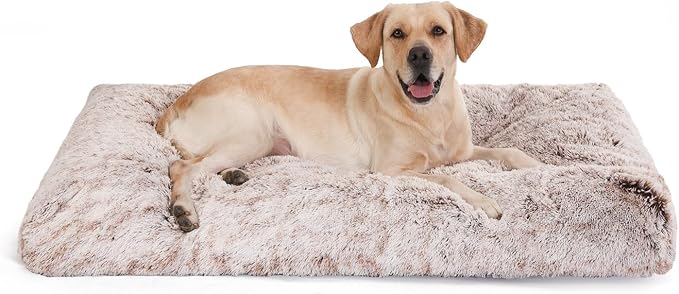 Bedfolks Extra Large Waterproof Plush Dog Crate Bed with Removable Washable Cover,Faux Fur Kennel Bed 41"x27",Brown