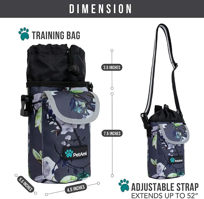 PetAmi Dog Treat Pouch, Large Hands-Free Training Bag, Floral Gray | Built-In Poop Bag Dispenser, Holds 3 Cups Of Treats, 4 Ways to Wear, D-Ring, Reflective Strap, Dog Treat Bag for Walking