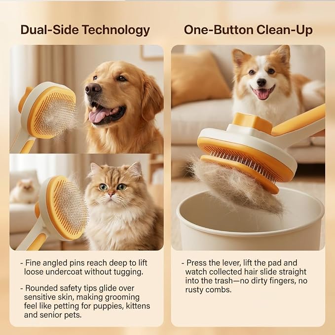 Self Cleaning Slicker Brush for Dogs and Cats | 2 in 1 Grooming Tool, Removes Loose Undercoat Tangles, Shedding Hair, Massage Bristles, Anti-Slip Handle, Long and Short Hair