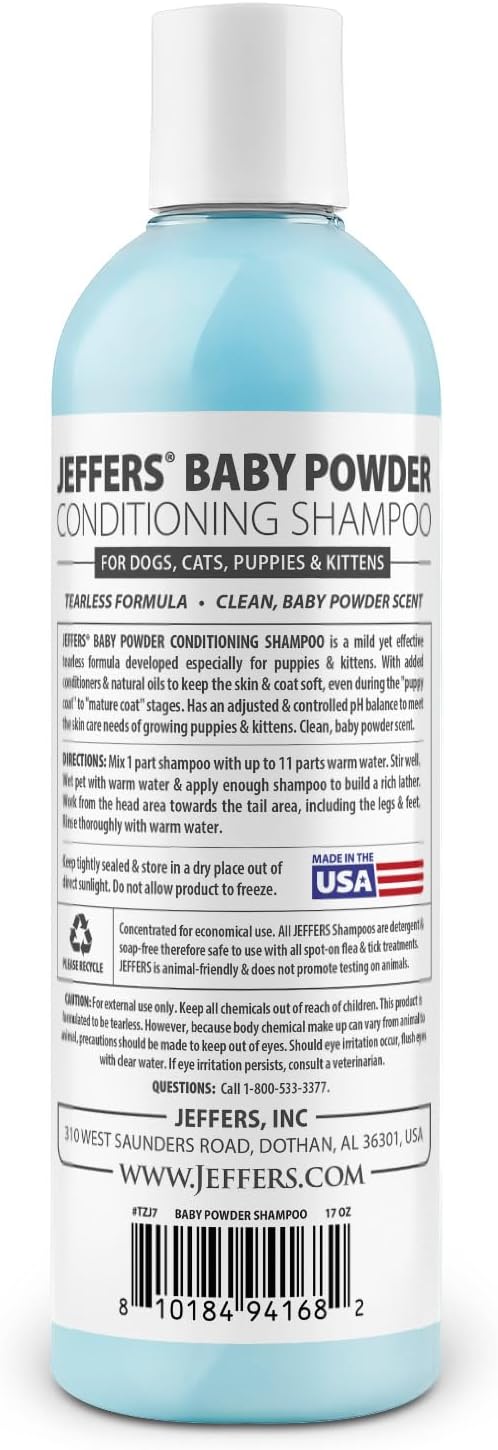 Jeffers Pet Baby Powder Tearless Shampoo for Puppies & Kittens, 17 oz - Concentrated Deodorizing Shampoo for Dogs & Cats with Natural Oils & Conditioners, pH Balanced, Soap Free Formula, Made in USA