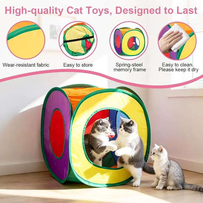 Retro Shaw 33 Pack Cat Toys for Indoor Cats, Collapsible Kitty Tunnel Tent with Feather Teaser Wand, Springs Balls Bell Mouse Interactive Kitten Hideaway Playhouse 15.7 Inches