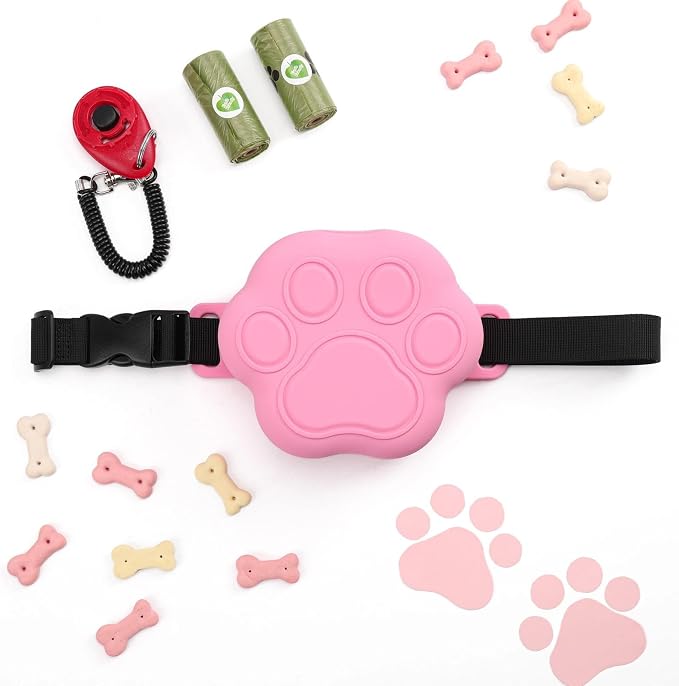 Dog Treat Pouch with Training Clicker and 2 Poop Bags, 1.8 Cup Small Sealable Zipper Silicone Fanny Pack with Waist Belt, Pet Puppy Training & Walking Essentials (Pink)