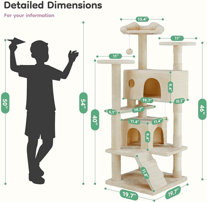 DUMOS 54 Inch Cat Tree Tower with Scratching Posts | Indoor Multi-Level Pet House for Large Cats with 2 Condos, Round Platform, Small Ladder and Toys, Beige