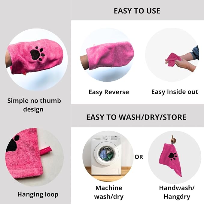 Penny & Niko Microfiber Pet Towel Mitts - Paw Cleaning and Drying Mitts/Gloves for Dogs and Cats (Pink, Standard - 2 Pack)