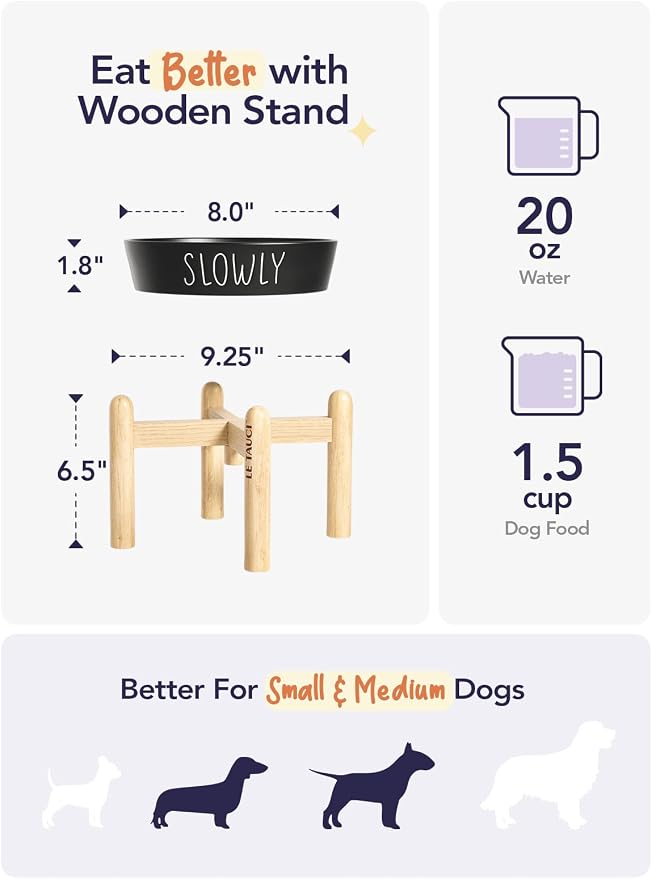 LE TAUCI PET Ceramic Slow Feeder Bowl Elevated - 1.5 Cup with Wood Stand for Small & Medium Breed, Anti-Gulping, Black