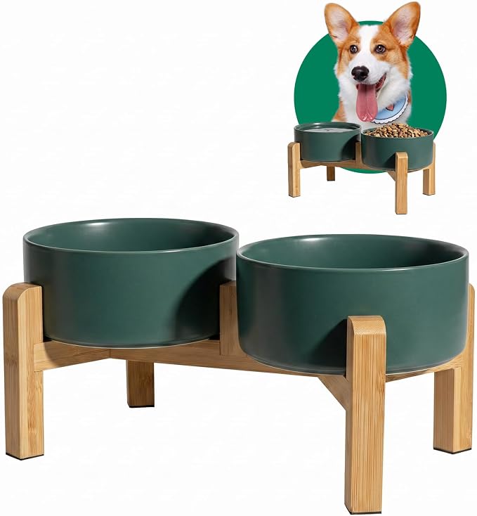 Elevated Ceramic Dog Bowl Set - Raised Dog Bowls with Non-Slip Bamboo Stand - Dog Food and Water Bowl Set - Double Dog Feeding Bowls - Suitable for Small and Medium Dogs - 28.74 OZ - 3.6 CUPS - 850 ML