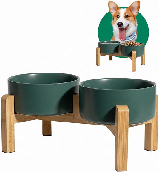 Elevated Ceramic Dog Bowl Set - Raised Dog Bowls with Non-Slip Bamboo Stand - Dog Food and Water Bowl Set - Double Dog Feeding Bowls - Suitable for Small and Medium Dogs - 28.74 OZ - 3.6 CUPS - 850 ML