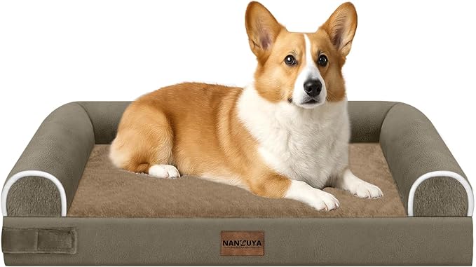 NANUYA Orthopedic Dog Bed for Medium Dogs, 30 x 20 Inch, Brown | Egg crate foam for joint support, 3-sided bolster pet sofa, waterproof lining, washable cover, and non-skid base