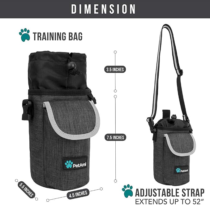 PetAmi Dog Treat Pouch, Large Hands-Free Training Bag, Charcoal | Built-In Poop Bag Dispenser, Holds 3 Cups Of Treats, 4 Ways to Wear, D-Ring, Reflective Strap, Dog Treat Bag for Walking
