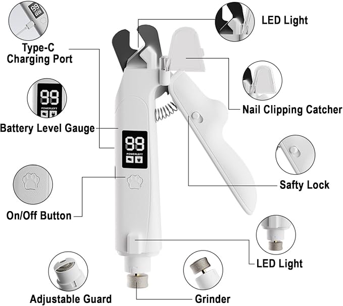 2-in-1 Dog Nail Clippers and Grinder with Dual LED Lights, Quiet Rechargeable Pet Nail Trimmer with Clipping Catcher, Safety Lock and Battery Display for Small, Medium and Large dogs and cats