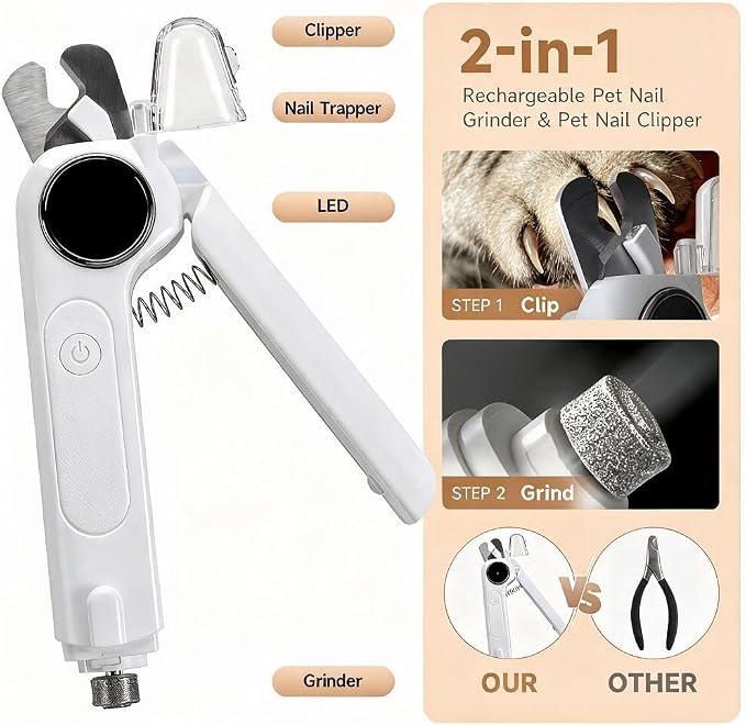 2-in-1 Dogs Cats Nail Electric Clipper & Grinder Quiet, Pet Nail Trimmers | Electric Nail Clippers with Light for Large Medium Small Dog & Cat, 3 Speed Grinder Nail Clipping Safety Guard Rechargeable