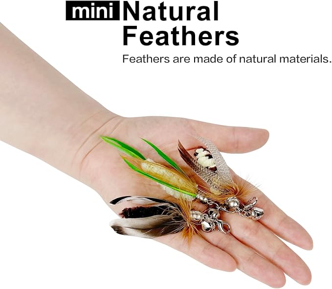 TTcat 3 Pack Mini Natural Feather Cat Wand Refills, Small Detachable Clip-on Feather Replacement Attachments with Bells, Universal Lobster Clasp Cat Teaser Refills, Hunting Prey Toy for Indoor Cats.