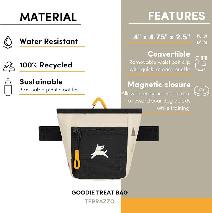 Goodie Treat Bag, Dog Treat Training Pouch | Magnetic Closure | 3 Ways to Wear | Hands-Free Waist Belt | Water-Resistant Recycled Vegan Fabric (Terrazzo)