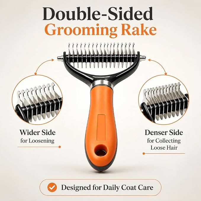 Double Sided Pet Grooming Rake, Extra Wide Deshedding Brush for Dogs Cats, Professional Long Hair Pet Shedding Comb Effectively Reduces Loose Hair (orange color)
