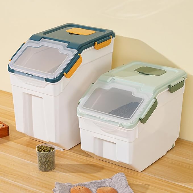 Large Flour Storage Container Bin 25lb, 4Pack Airtight Rice Storage Containers with Wheels Seal Locking Lid, BPA Free with Measuring Cup&Scoop for Flour, Rice, Grain(Blue)