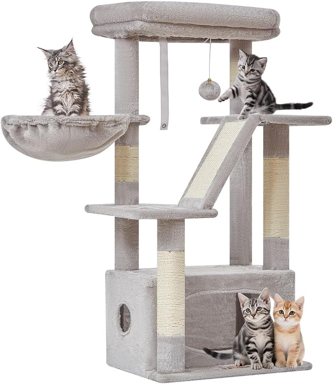 Taoqimiao Cat Tree, 38.5In Cat Tower for Indoor Cats, Suitable for Kittens | Thick Padded Top Perch, Luxurious Cat Condo, Adjustable Basket, 1-Piece Ramp Scratcher, 3 Sisal Posts, Light Gray, MS029SW