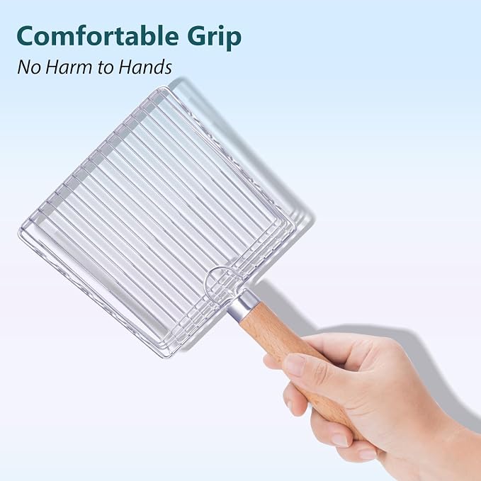 Cat Litter Scoop, Premium Kitty Shovel with Hook and Hole, Metal Sifter Scooper Stainless Steel for Easy Cleaning, Durable and Heavy Duty, Odor-Free for Litter Box | 0.3-inch Gap, Wooden Handle, with Hook and Hole, Stainless Steel, Easy Cleaning, Durab...