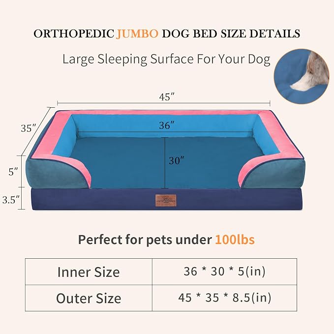 Comfort Expression Orthopedic Dog Bed for Extra Large Dogs with Bolster | Waterproof Dog Couch Bed with Washable Cover & Non-Slip Bottom, Supportive Egg Crate Foam XL Pet Bed, 45x35 Inch