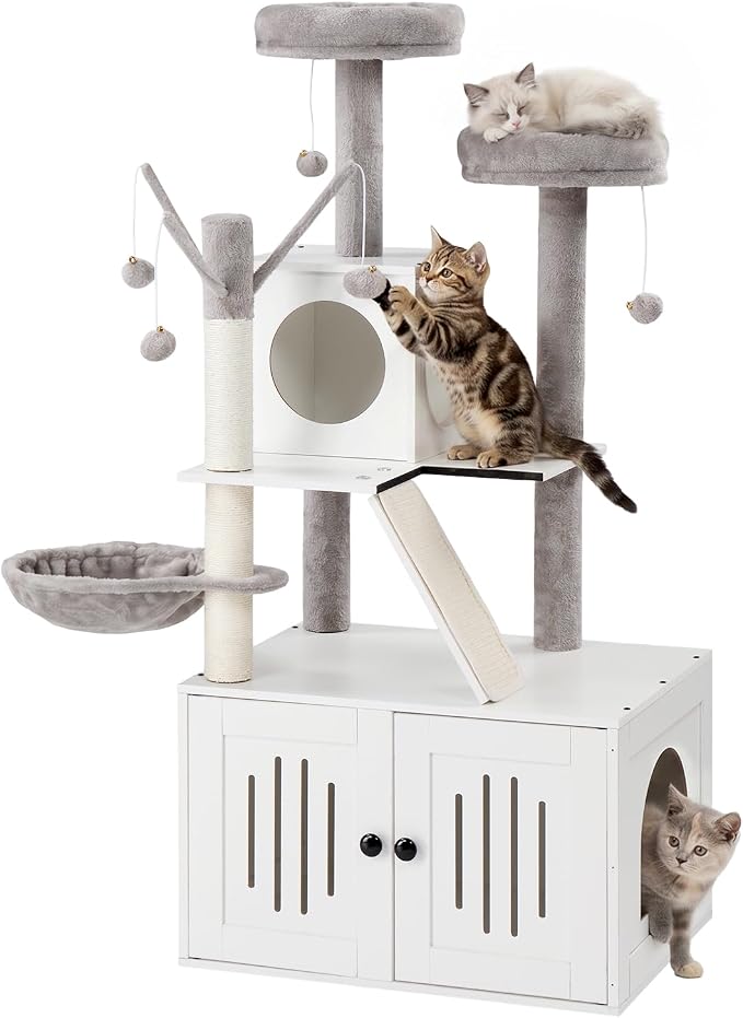 VINGLI Cat Tree Tower with Litter Box, 54" H All-in-1 Wooden Cats Condo, Cat Tower wih Scratching Posts, Houses for Indoor Kittens Hidden Cat Washroom Furniture (White Cabinet)