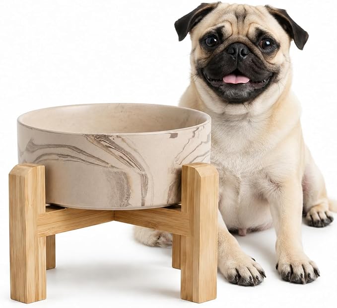 hjn Elevated Ceramic Dog Bowl with Bamboo Stand, Raised Pet Feeding Station for Small Medium Dogs Cats, Modern Design with Anti-Slip Base (Marble Brown, 3.6Cup)