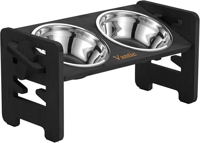 Elevated Dog Bowls, Raised Dog Bowl Stand Adjustable Small, Black | Bamboo Elevated Feeder with 2 Stainless Steel Bowls, Adjustable Height Stand for Small Puppies and Cats