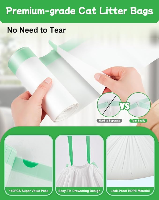 60 Count Cat Litter Box Liners for Automatic Litter Box, Pre-Separated Easy-Dispense Waste Bags with Drawstring, Heavy Duty Leak-Proof Liners Compatible with Litter-Robot 4/5/3, 25.2"x15.7"