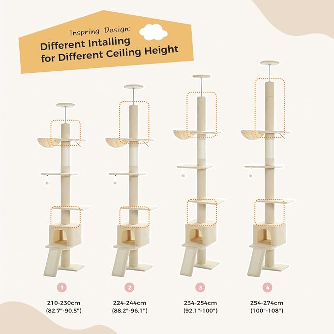 PEQULTI Floor to Ceiling Cat Tree, Adjustable 83-108in 5-Level Tower, Beige | Tension-mounted tall cat tower with 5 levels, cozy condo, hammock & sisal scratching post; wide base for indoor adult cats