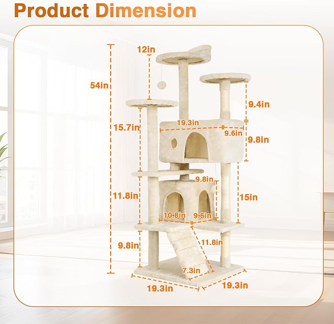 FDW | 54" Cat Tree Tower | Beige | Multi-Level Indoor Activity Center | with Sisal Scratching Posts, Condos, Plush Perches, Hanging Cat Toys | Sturdy, Easy to Assemble | for Kittens & Adult Cats
