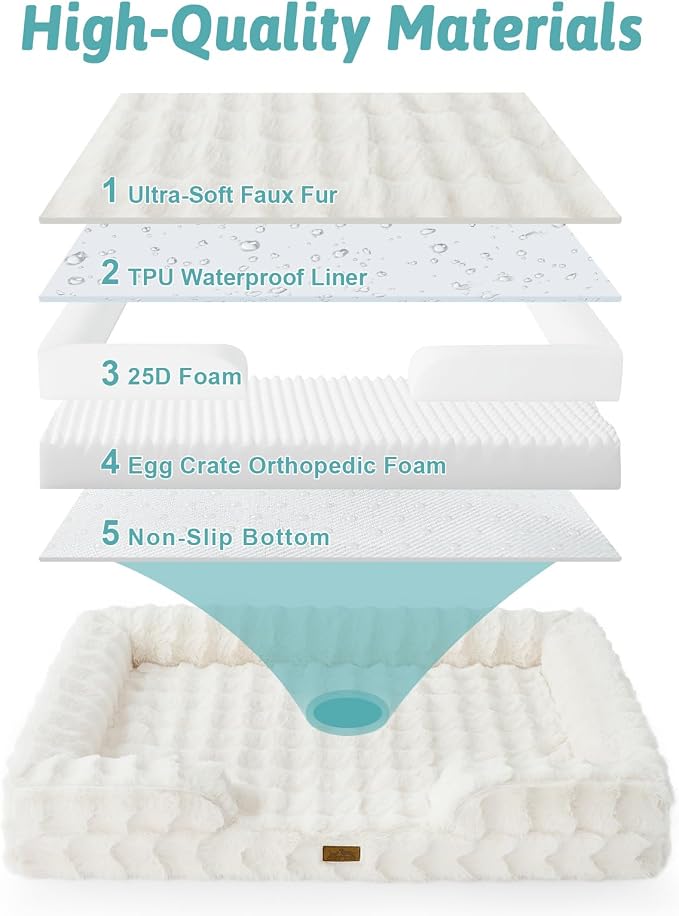 COZY KISS Orthopedic Dog Bed for Extra Large Dog 44x32 inch, XL Faux Fur Pet Sofa, Bolster Foam Bed with Sides, Non-Slip and Egg-Crate Big Dog Couch Bed with Washable Removable Cover, Beige