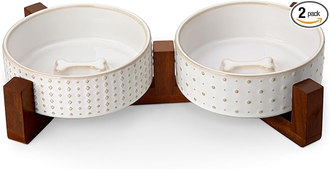 MALACASA Dog Bowl Set, Ceramic Bowls with Walnut Wood Stand, 1.5 Cups | Rhombic and Polka Dot Design, Non-Slip Base, for Cats and Dogs, About 26% Heavier than Similar Ceramic Bowls