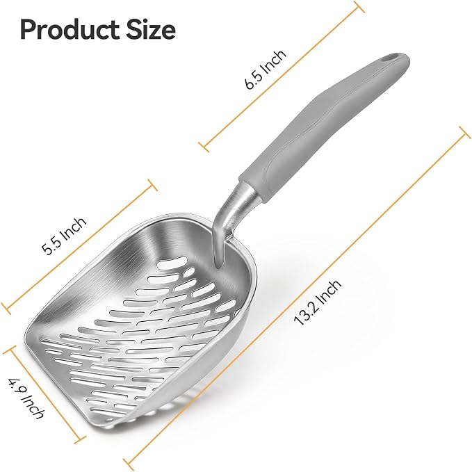 Cat Litter Scoop, Large Long Handle Kitty Metal Scooper, Heavy Duty Aluminum Deep Sifter, Ergonomic Non-Slip Grip, Rustproof Durable Poop Cleaner for Cat Litter Box
