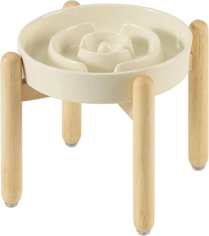 Havniva 8.2” Raised Slow Feeder Dog Bowls, 1.6 Cups Ceramic Dog Bowl Slow Feeding for Medium Breed, Elevated Puzzle Dog Food Bowl with Wooden Stand Non-Slip Anti-Gulping & Anti-Choking