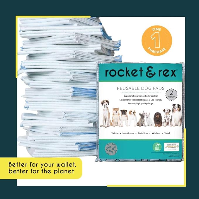 rocket & rex Washable Dog Pee Pads, Leak-Proof (Large, 30x36, 2pk) | For potty training, whelping, crate lining & more. Waterproof, Absorbent, OEKO-TEX certified, chemical-free.