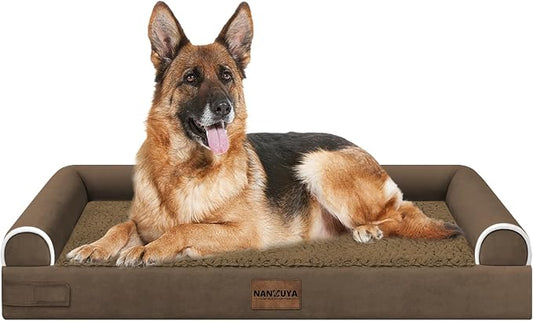 NANUYA Orthopedic Dog Bed for Jumbo Dogs, 48 x 33 Inch, Dark Coffee | Egg crate foam for joint support, 3-sided bolster pet sofa, waterproof lining, washable cover, and non-skid base