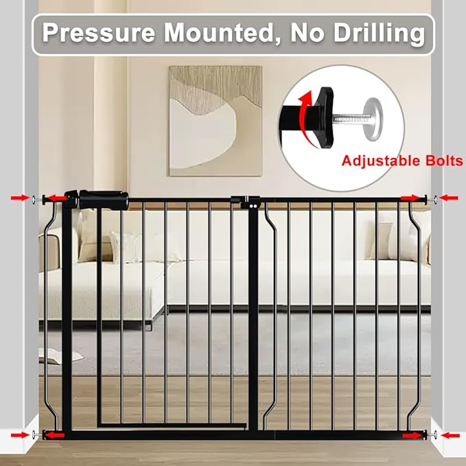 Fairy Baby Walk Through Baby Gate 34-38.5 Inch Wide for Stairs, Pressure Mounted Safety Gate with Door No Drill, Tension Metal Gate for Dog and Toddler, Black