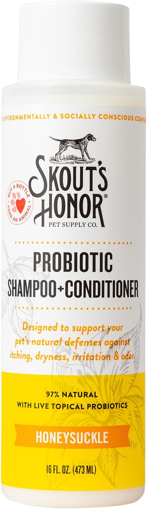 SKOUT'S HONOR Probiotic Dog Shampoo and Conditioner - Honeysuckle, 16 oz | Hydrating, Natural 2-in-1 for Itchy Skin, Microbiome-Friendly with Avocado Oil & Omega-3s, Paraben & Sulfate-Free