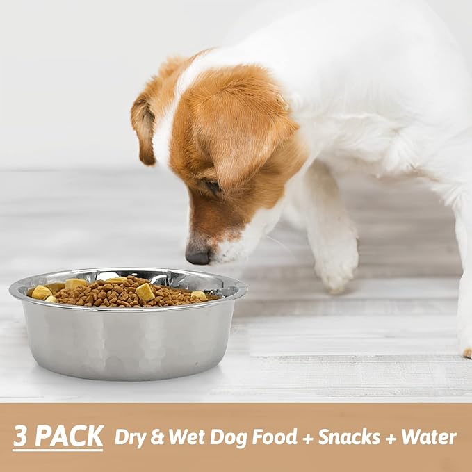 Fhiny 3 Pack Hammered Stainless Steel Dog Bowls, 4 Cups/32 Oz Premium Metal Puppy Feeder Bowl Set for Raised Feeding Station Basic Kitten Food & Water Dishes for Small & Medium Pets Dishwasher Safe