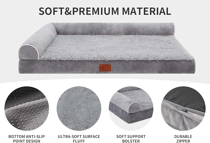 Orthopedic Dog Bed, Pet Sofa with Bolster for Extra Large Dogs | Egg Crate Foam, Removable Washable Cover, Waterproof Lining, Non-Slip Bottom, L-Shape, Cozy Plush, 42 x 30 Inch, Grey