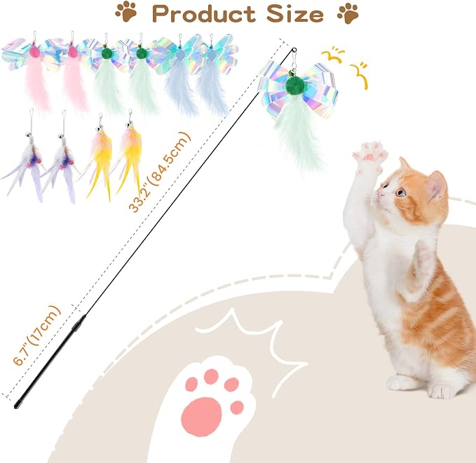 Pawaboo Feather Teaser Cat Toy, Interactive Feather Wands Cats Toy Flying Feathers Cat Catcher with Extra Long 34.5" Wand and Small Bell, Exerciser Playing Toys, 1 Wand + 10 Feathers, Multicolored