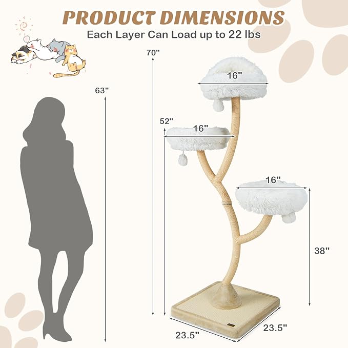 70" Tall Cat Tree, Cat Tower with Scratching Posts and Board, Multi-Level Cat Tower for Large Cats 20 lbs+ with 3 Cozy Perches and Dangling Balls, Modern Cat Tree for Indoor Cats Large Adult