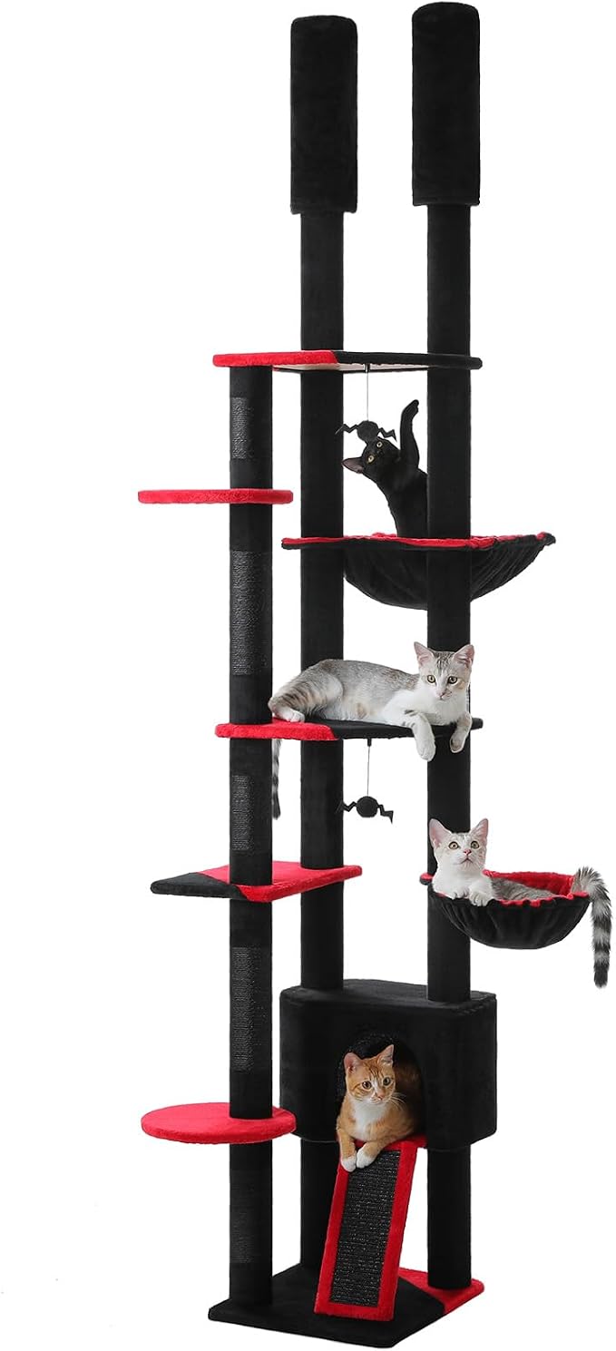 PEQULTI Floor to Ceiling Cat Tree Tower, Height Adjustable 230-252cm, Black | Gothic climbing pole for large cats with cat condo, hammock & sisal scratching posts; measure ceiling, fits 230-252cm