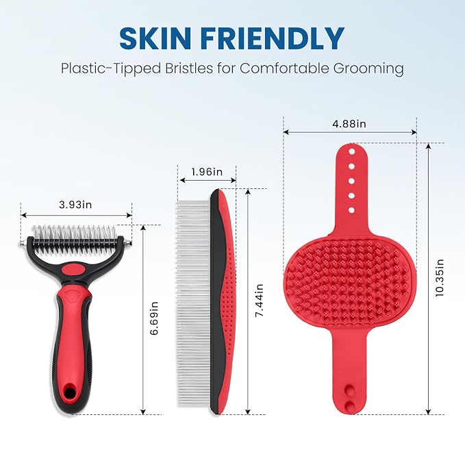Pet Grooming Kit Brush and Metal Comb Combo, Double Sided Dematting Undercoat Rake Deshedding Brush for Long Short Matted Haired Dogs & Indoor Cats, Gift for Pet Lovers (Red Kit 4PCS)